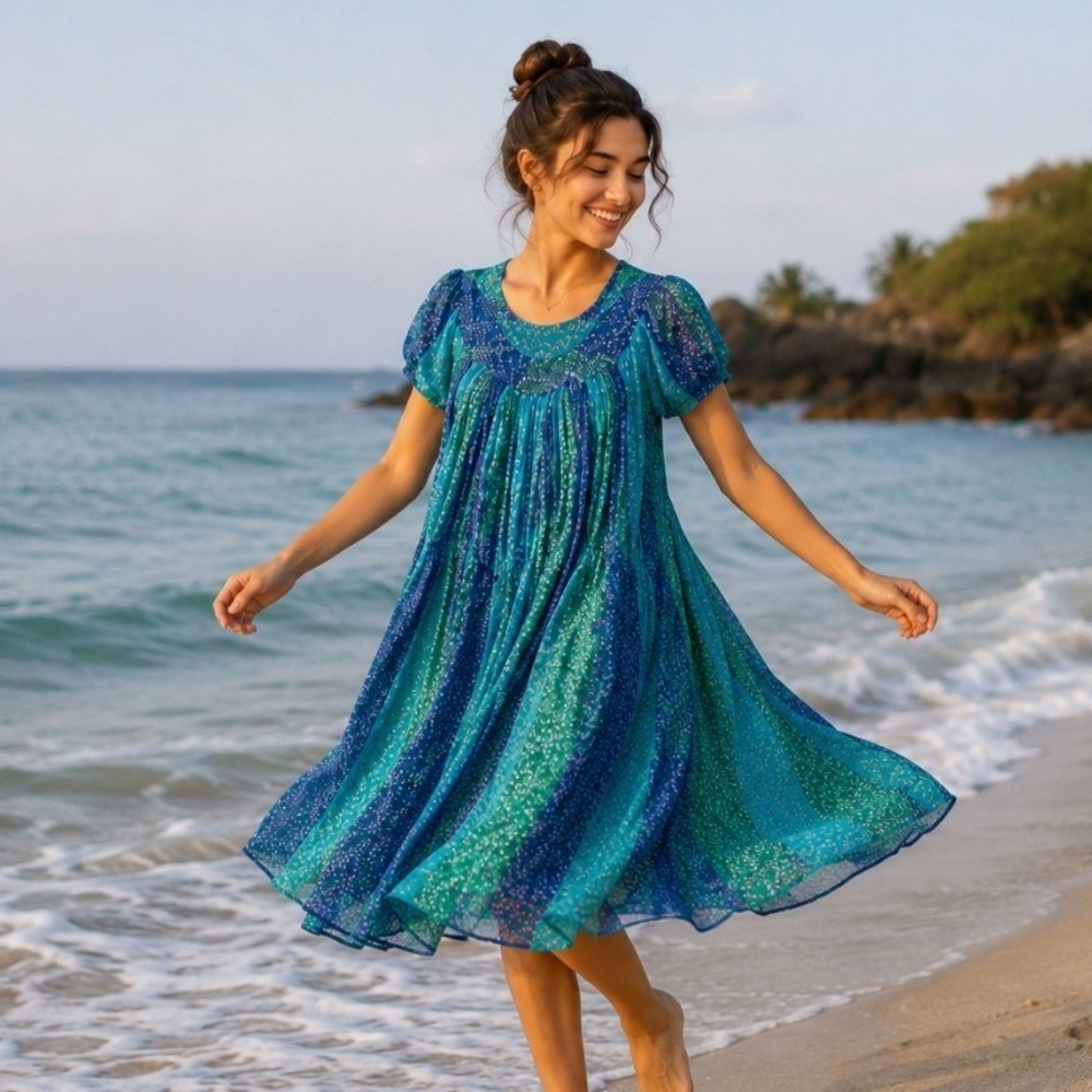 Sita Nepal Cotton Maxi Dress Small Green Blue Leopard Print‎ Pleated Boho